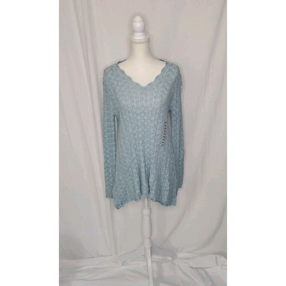 eight eight eight Tunic Sweater 100% Cotton Sz L Marled Sky Blue Scalloped Edges